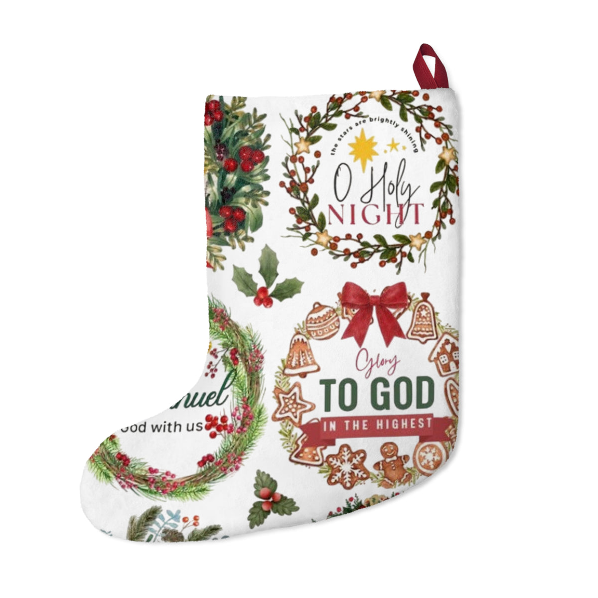 O Holy Night wreaths Christmas Stocking | Emmanuel nativity holiday stocking