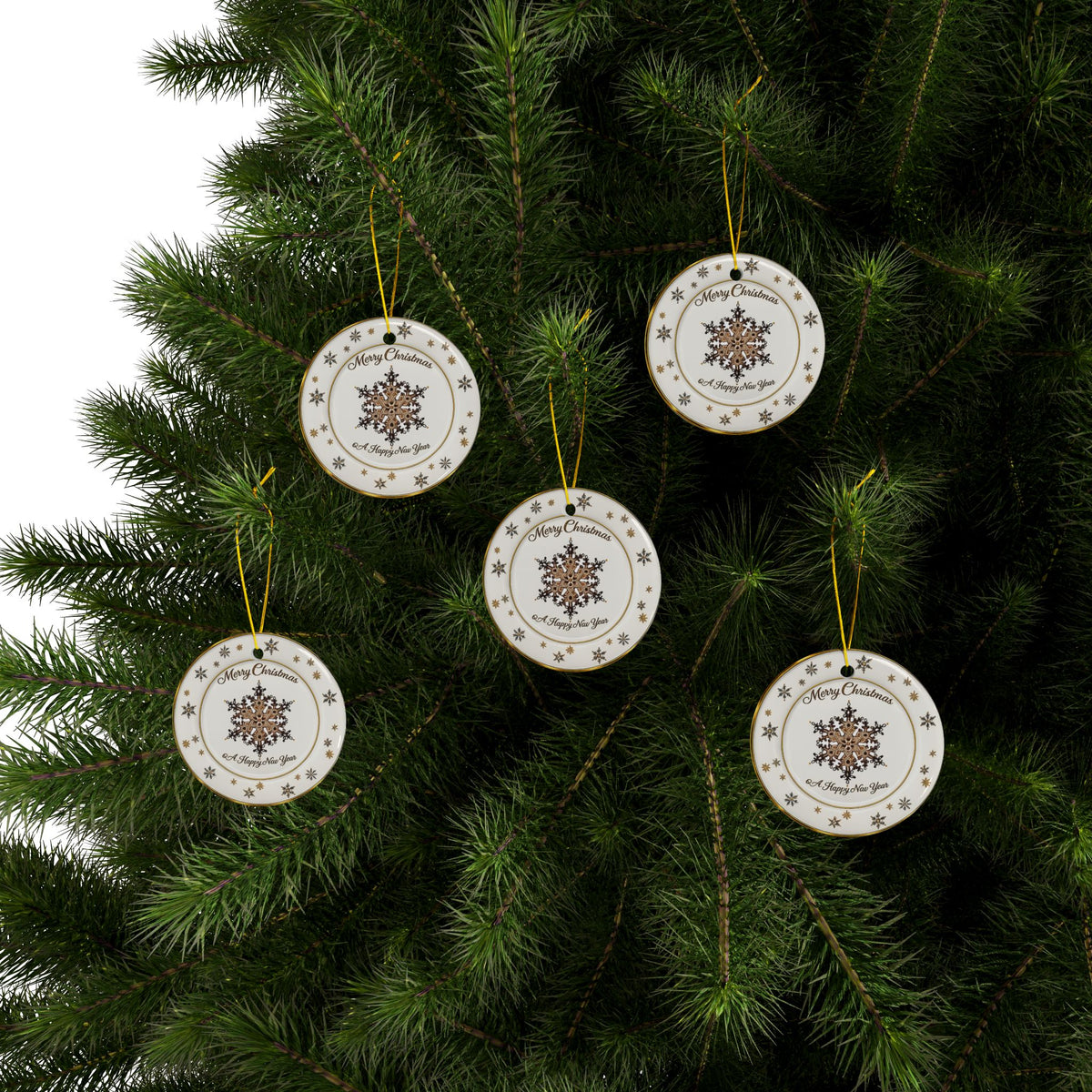 Lenox China inspired Ceramic golden snowflakes ceramic Christmas Ornaments, 2-Side Print, (1pc, 3pcs, 5pcs, 10pcs)