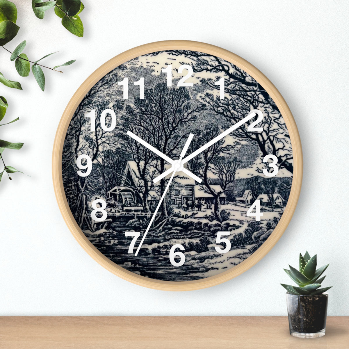 Blue and White Winter Transferware Style Wall Clock