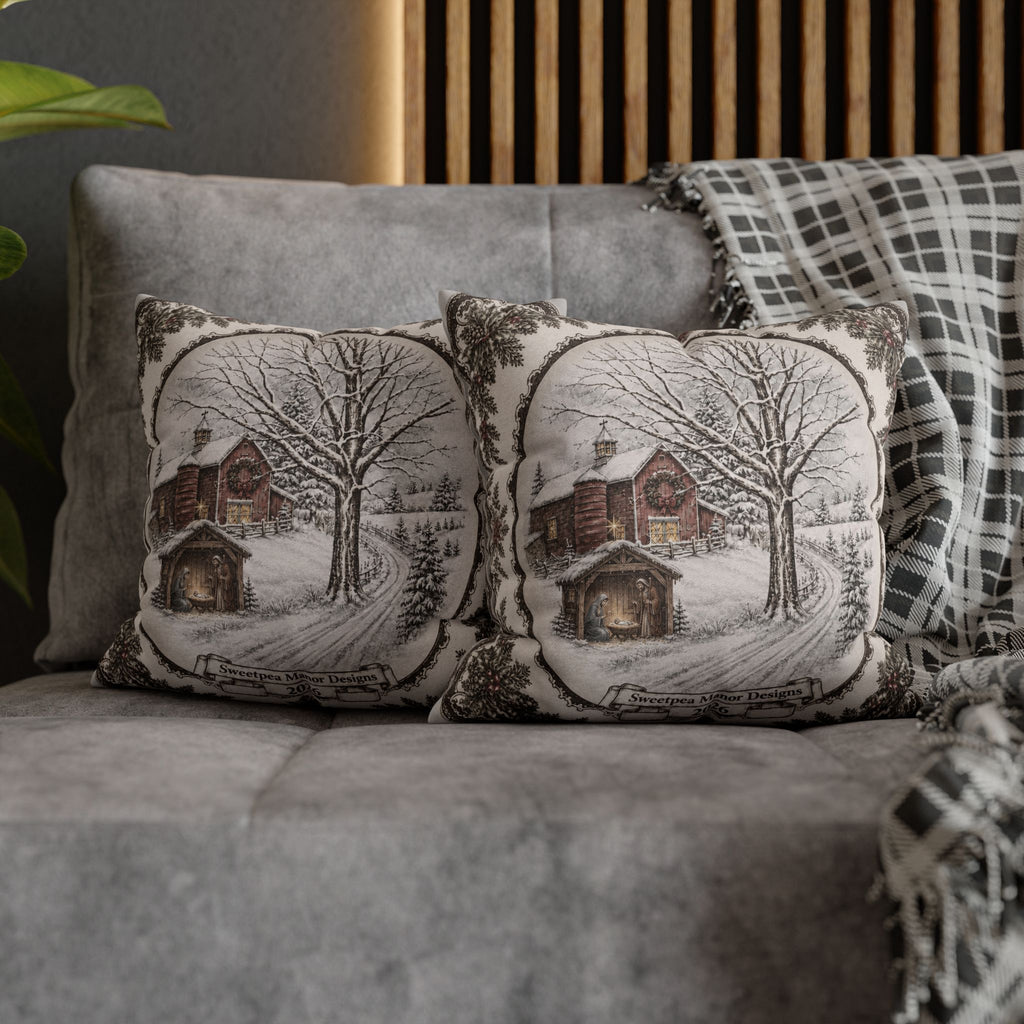 Winter Cabin Decorative Pillowcase — Snowy Village Scene Throw Pillow Cover