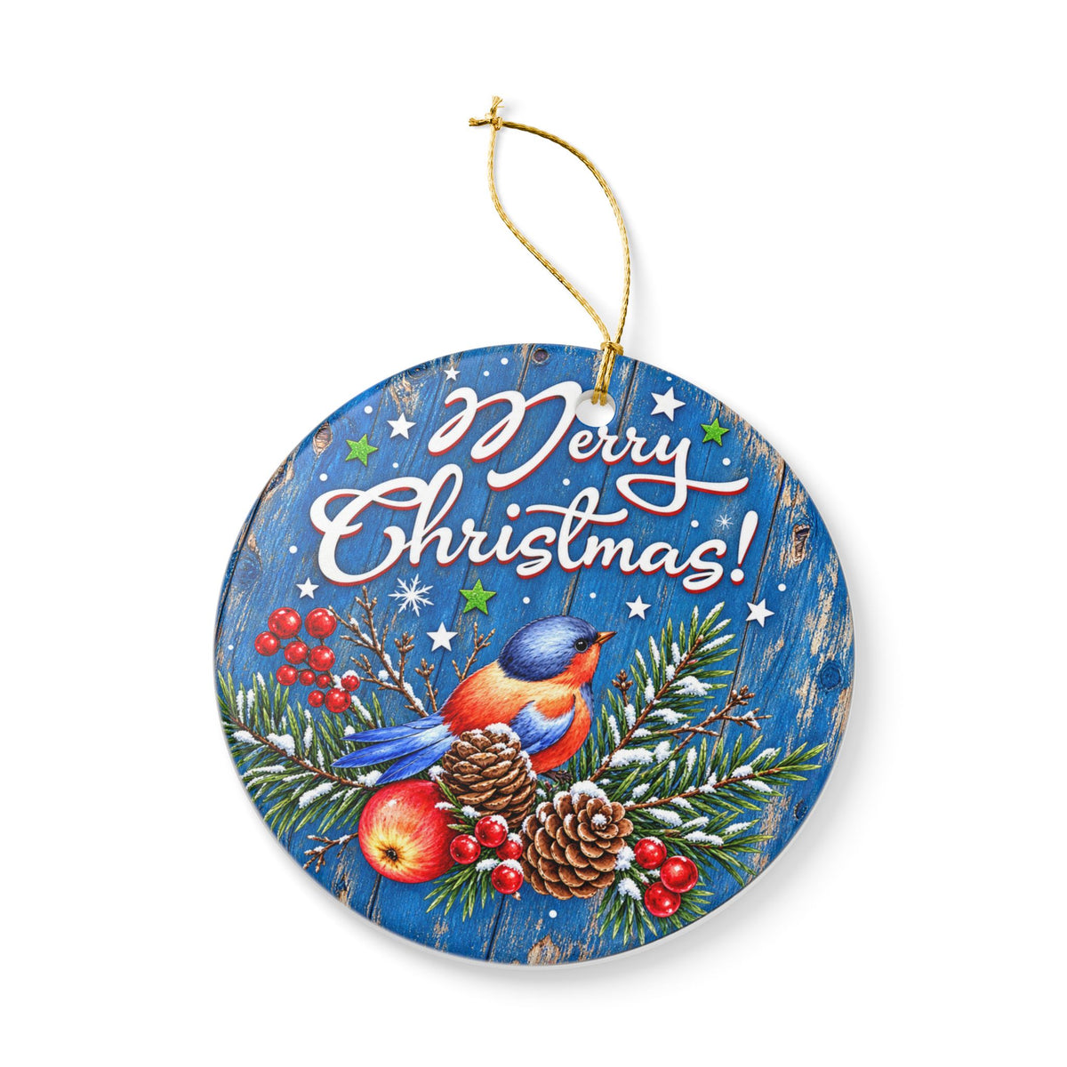 Merry Christmas Vintage Bluebird Greetings Winter Church Ceramic Decoration Ornament, (1pc)