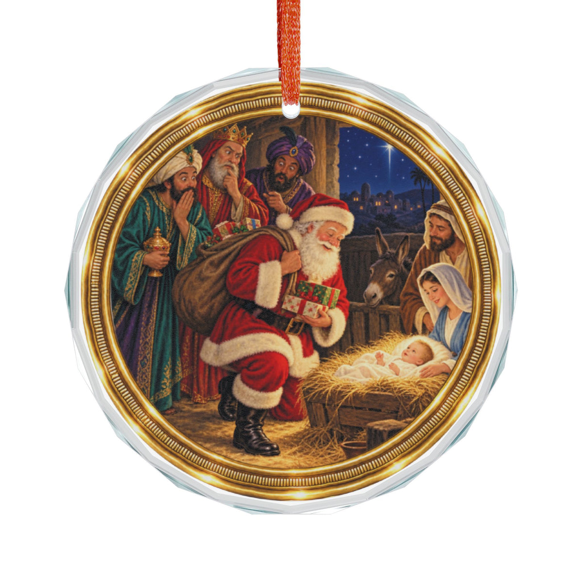 Holy Family, Santa, and Wise Men Glass Christmas Ornament, Single