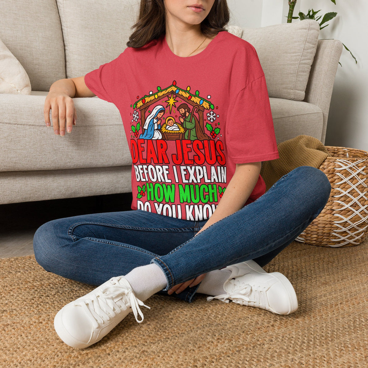 Dear Jesus Nativity Illustration T-Shirt | Humorous Religious Christmas Tee