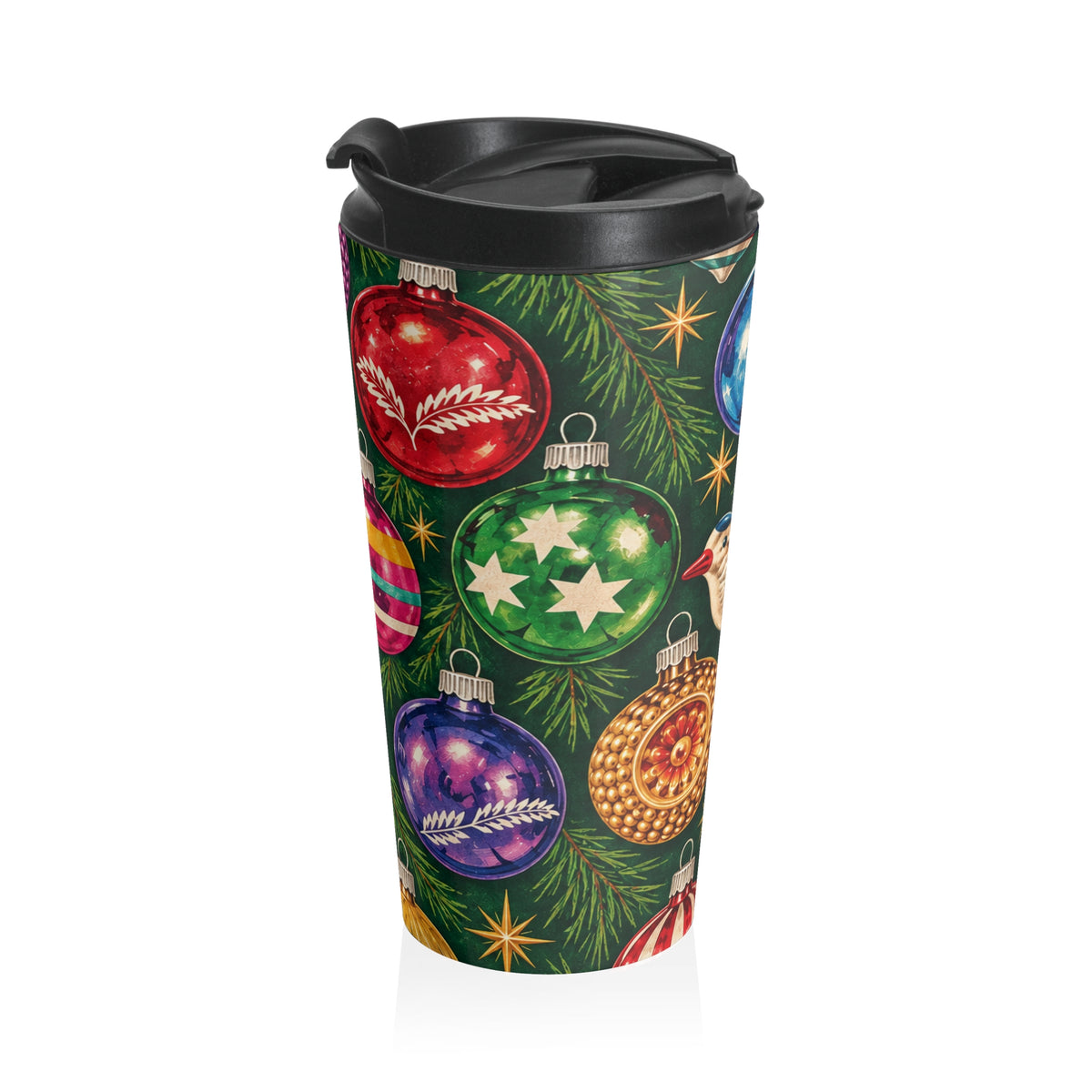 Vintage Christmas Ornaments Travel Mug | Holiday Bird & Baubles