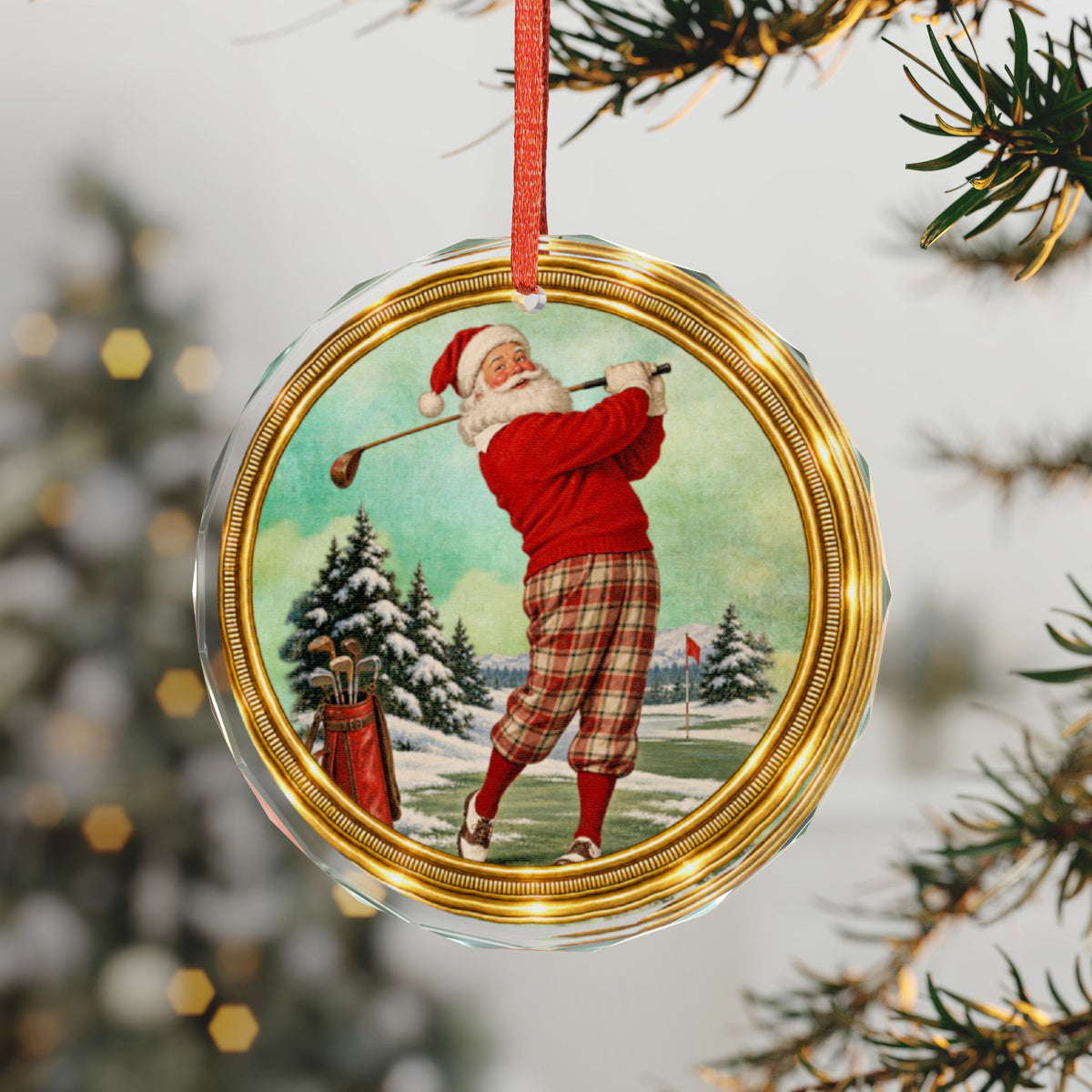Golfing Santa Glass Ornament — Vintage Holiday Christmas Tree Decoration
