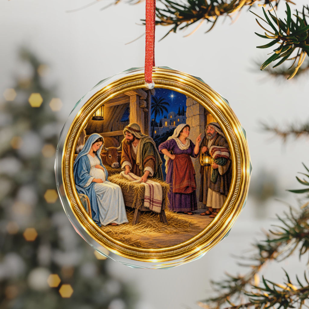 Holy Family and Innkeepers Glass Christmas Ornament, Single