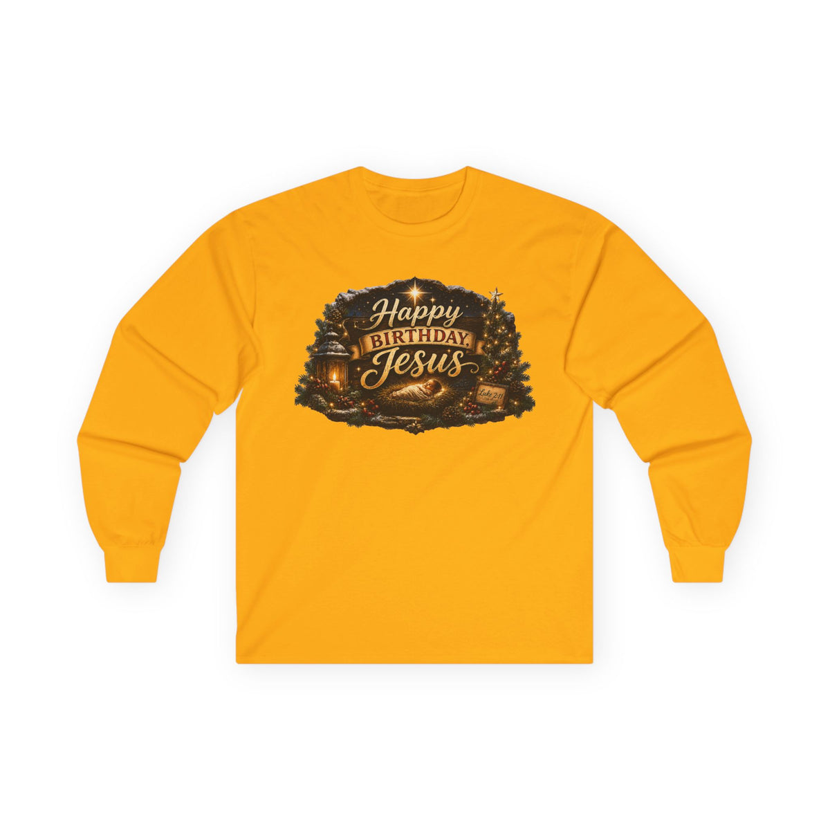 Happy Birthday Jesus Long Sleeve Tee | Nativity Christmas Religious Tee