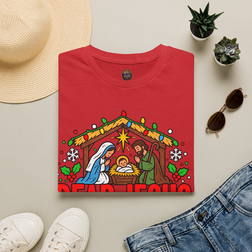 Dear Jesus Nativity Illustration T-Shirt | Humorous Religious Christmas Tee