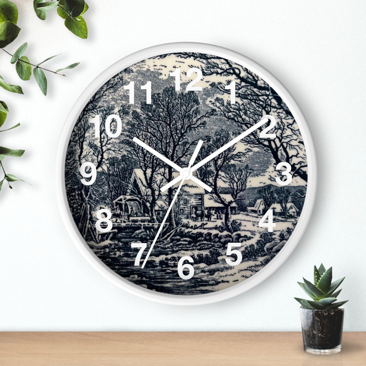 Blue and White Winter Transferware Style Wall Clock