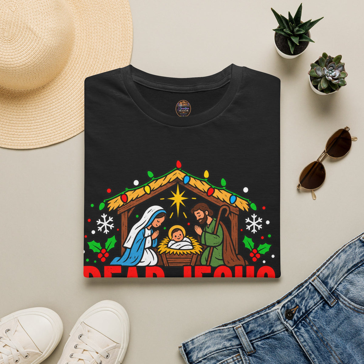 Dear Jesus Nativity Illustration T-Shirt | Humorous Religious Christmas Tee