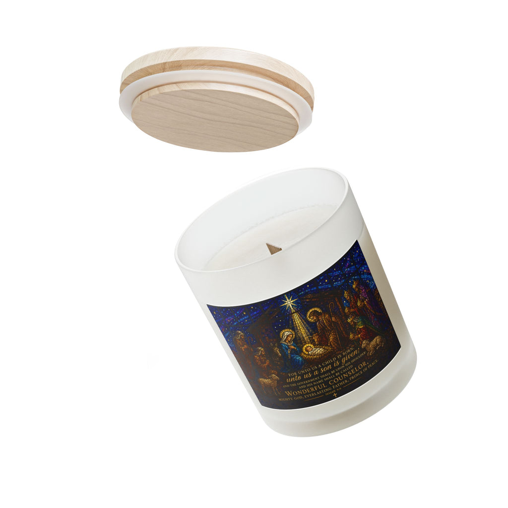 Nativity Frosted Glass Candle — "Wonderful Counselor" 11oz Christmas Candle