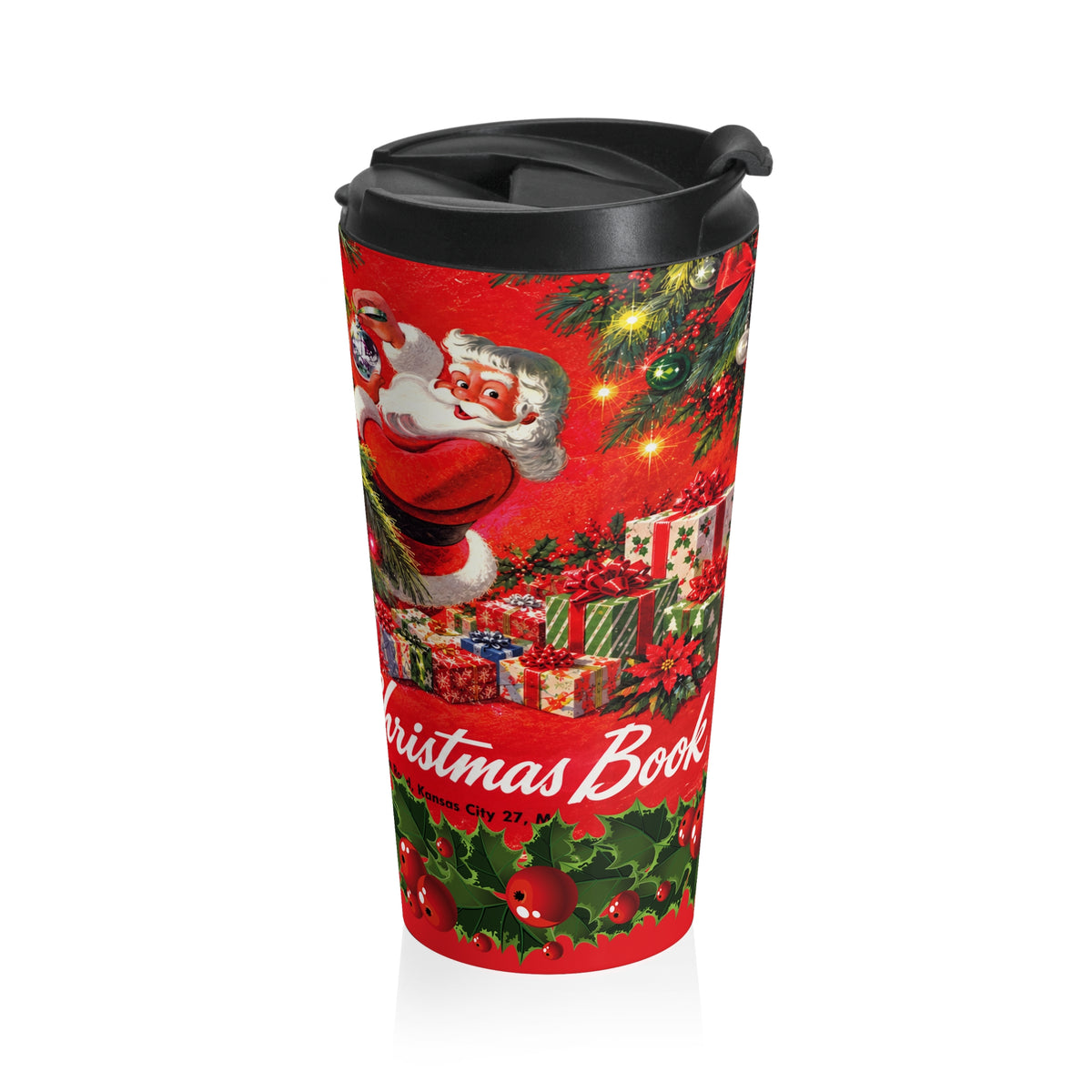 Vintage Santa Christmas tree travel mug | Retro 1950s holiday design