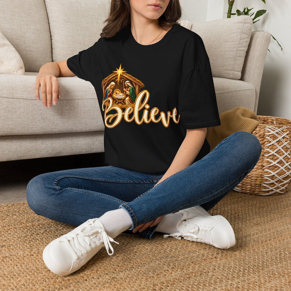 Nativity Manger Believe T-Shirt | Christmas Religious Holiday Tee
