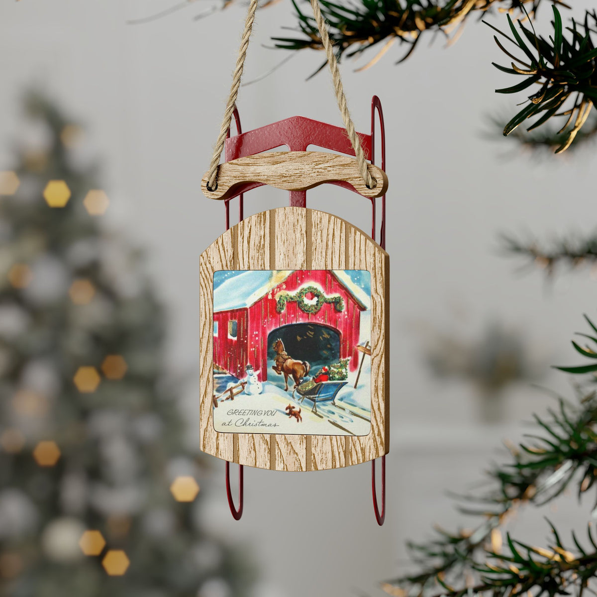 Vintage 1940s Santa, Snowman and Red Covered Bridge Sled Ornaments