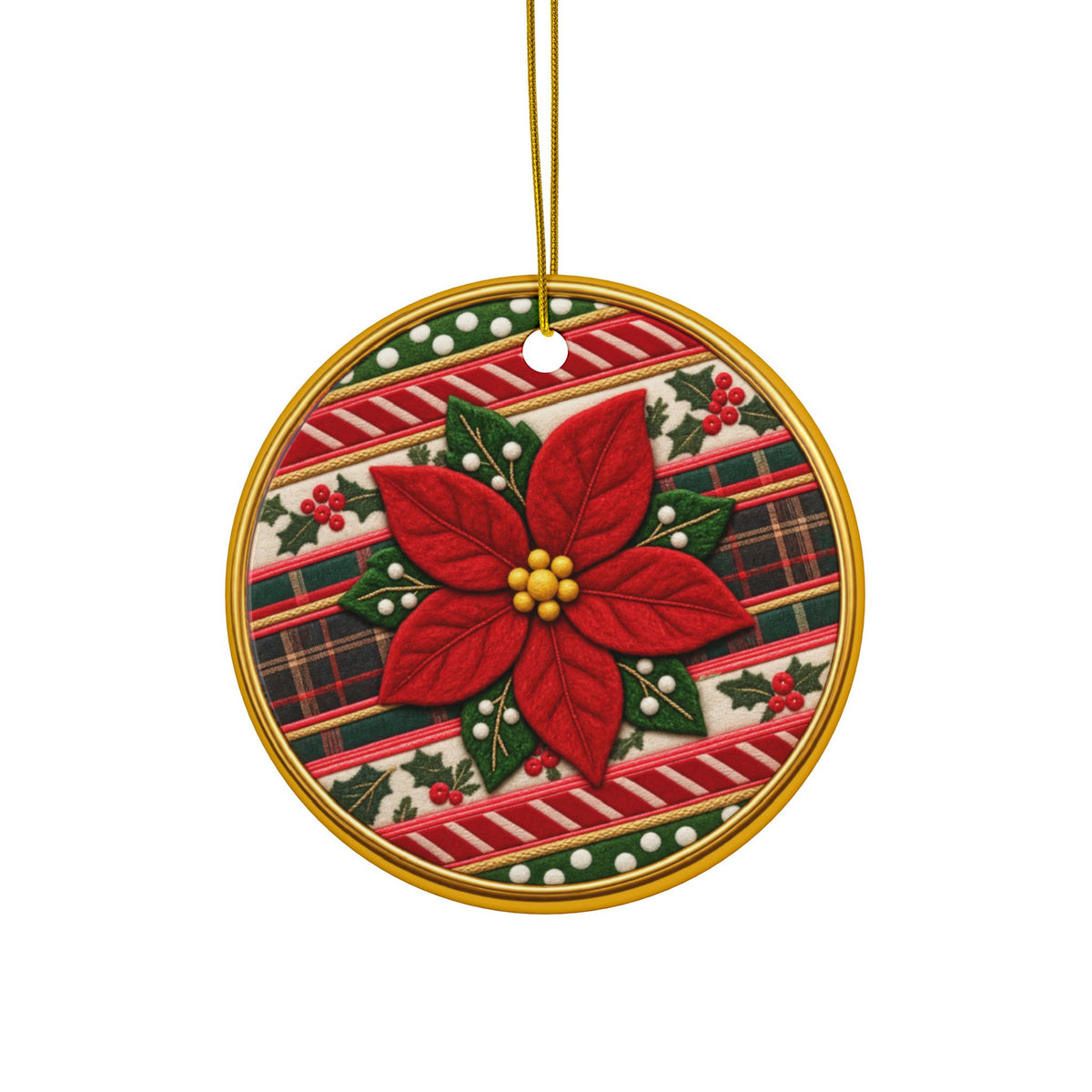 Colorful Poinsettia Embroidery Look Nativity Ceramic Christmas Ornaments, 2-Side Print, (1pc, 3pcs, 5pcs, 10pcs)