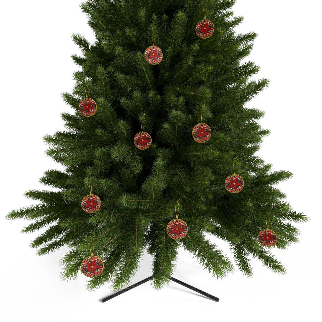 Poinsettia Plaid Ceramic Ornament — Double-Sided Christmas Tree Decoration