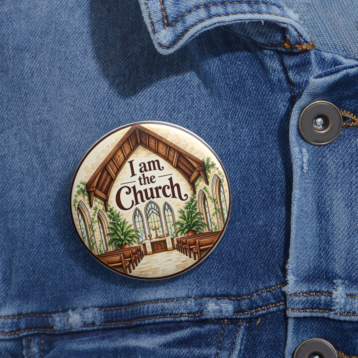 Walk to Emmaus I Am the Church pin button | Round Christian lapel pin