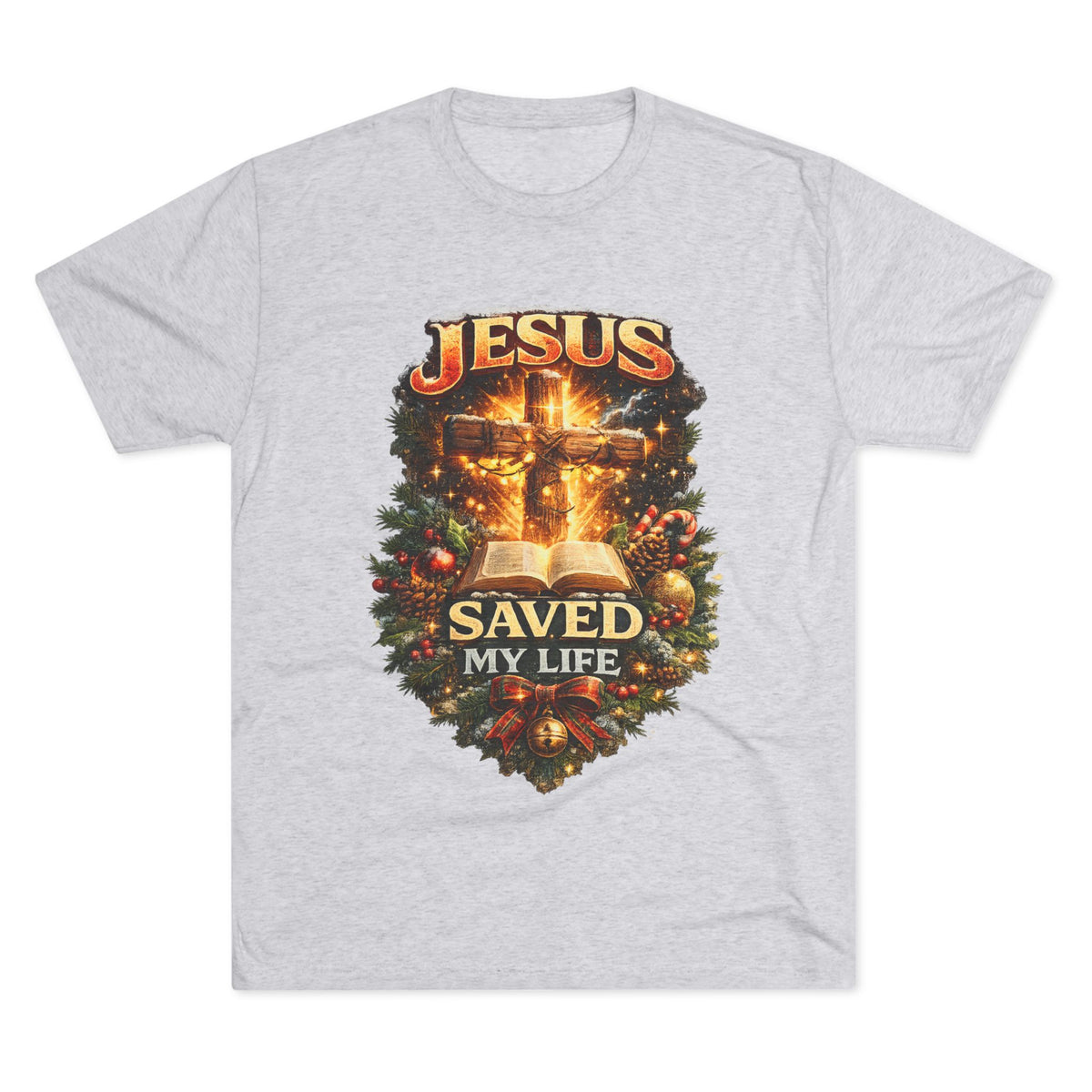Jesus Saved My Life T-Shirt | Christian Cross Bible Christmas Wreath