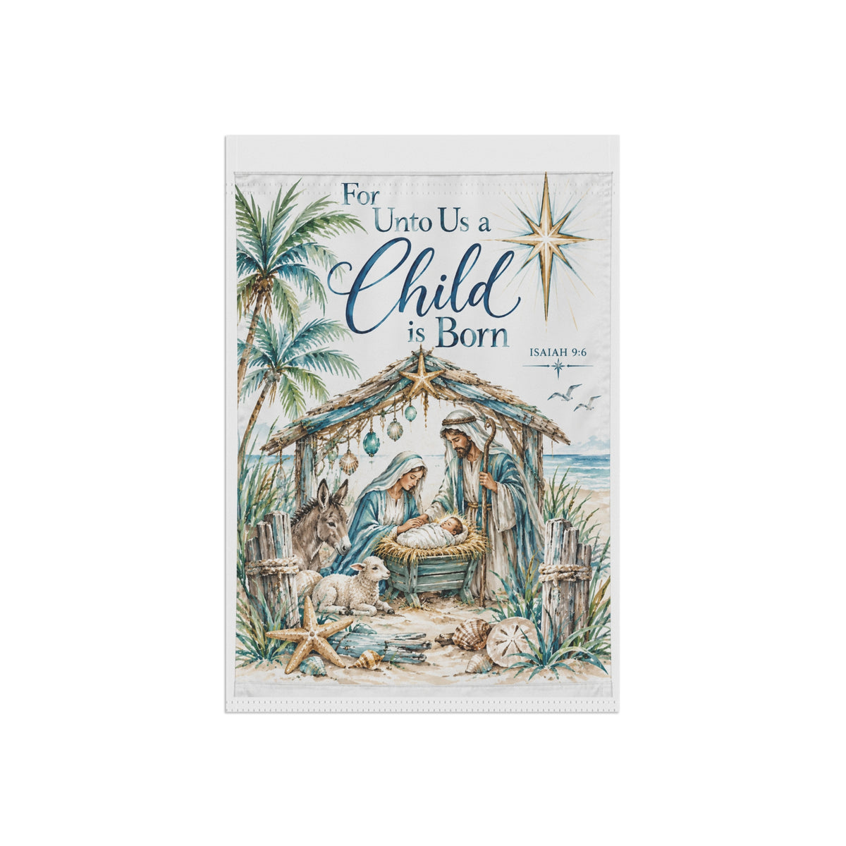 Nativity Scene Garden & House Banner | For Unto Us a Child is Born, Coastal Palm Christmas Banner