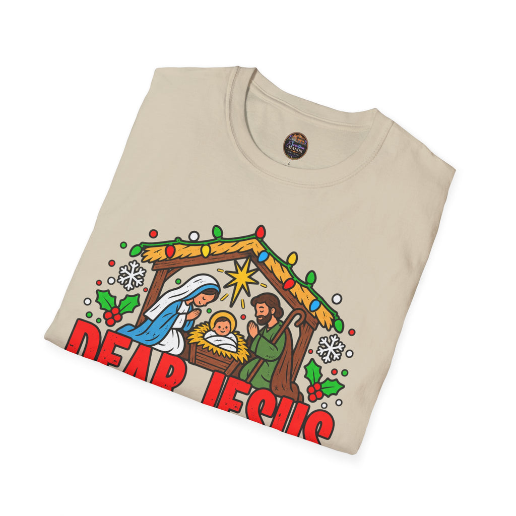 Dear Jesus Nativity Illustration T-Shirt | Humorous Religious Christmas Tee