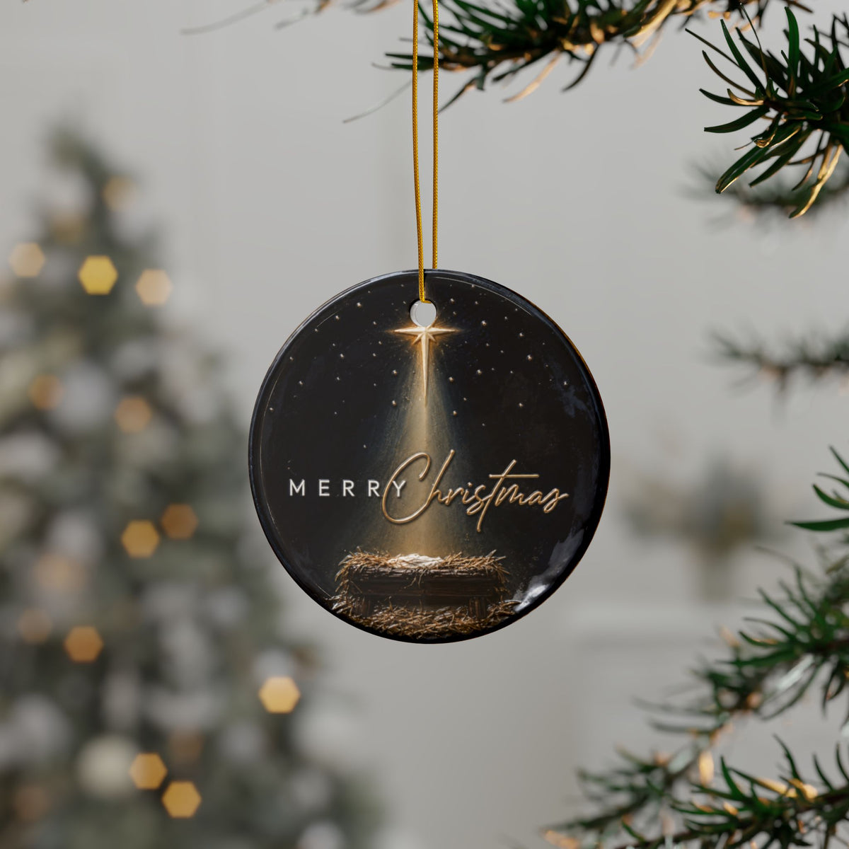 Merry Christmas Nativity with Illuminated Manger Christmas Ornaments, 2-Side Print, (1pc, 3pcs, 5pcs, 10pcs)