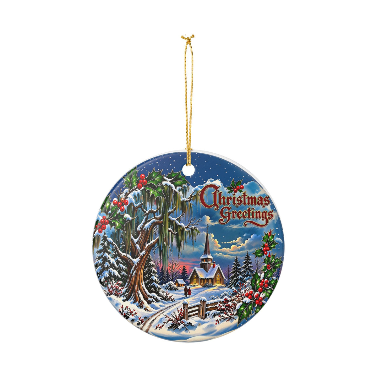 Christmas Greetings Winter Church Ceramic Decoration Ornament, (1pc)