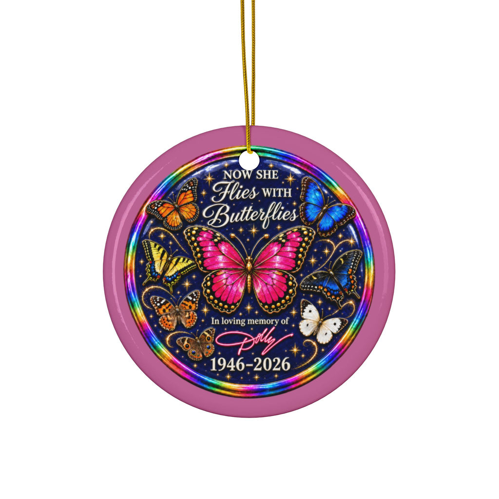 Dolly Remembrance Now She Flies With Butterflies Ceramic Christmas Ornament | Sets of 1, 3, 5 or 10