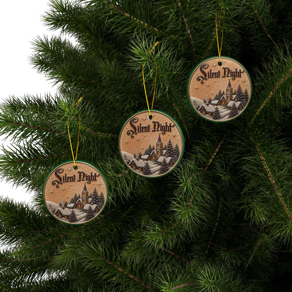 Silent Night Church Scene Ceramic Ornament | Round Christmas Ornament, Two-Sided Print