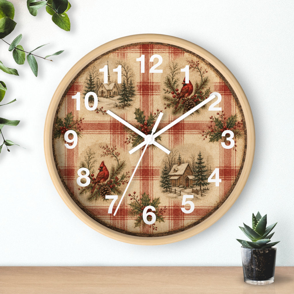 Cardinal Plaid Cabin Wall Clock | Rustic Christmas Cabin Clock