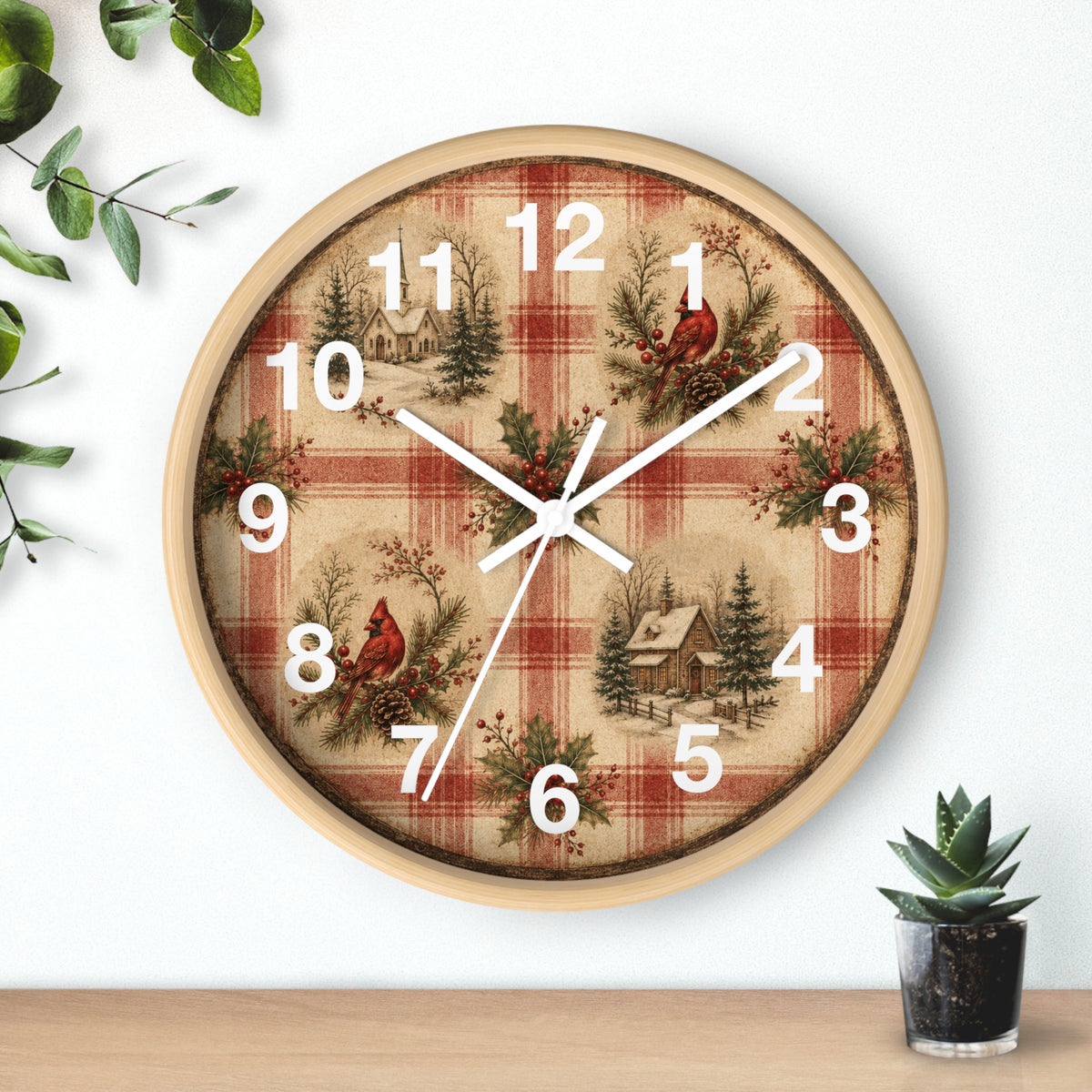 Cardinal Plaid Cabin Wall Clock | Rustic Christmas Cabin Clock