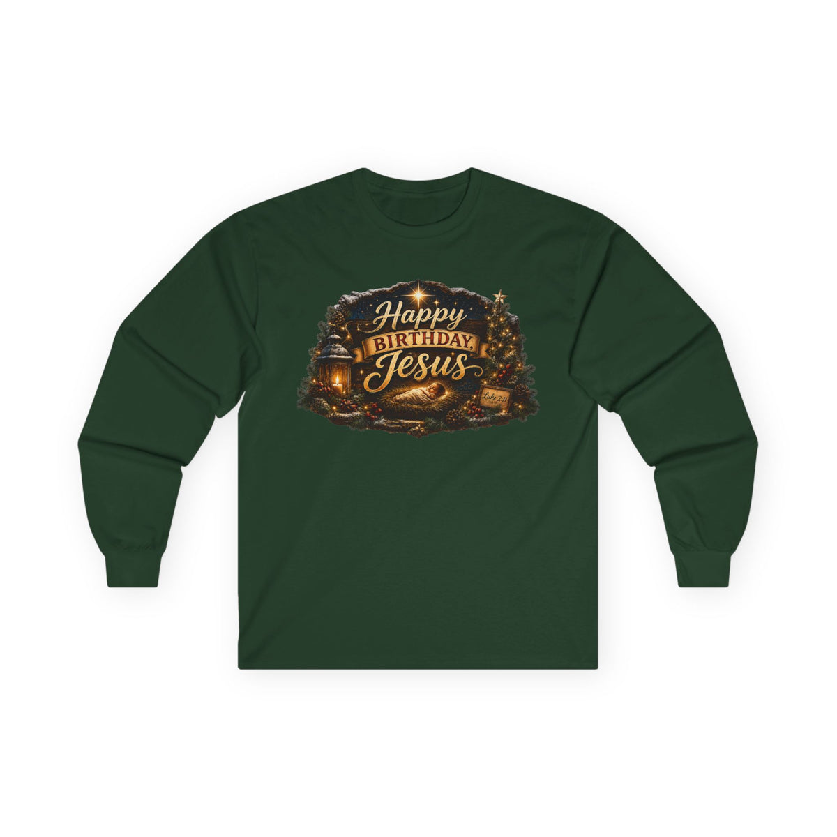 Happy Birthday Jesus Long Sleeve Tee | Nativity Christmas Religious Tee