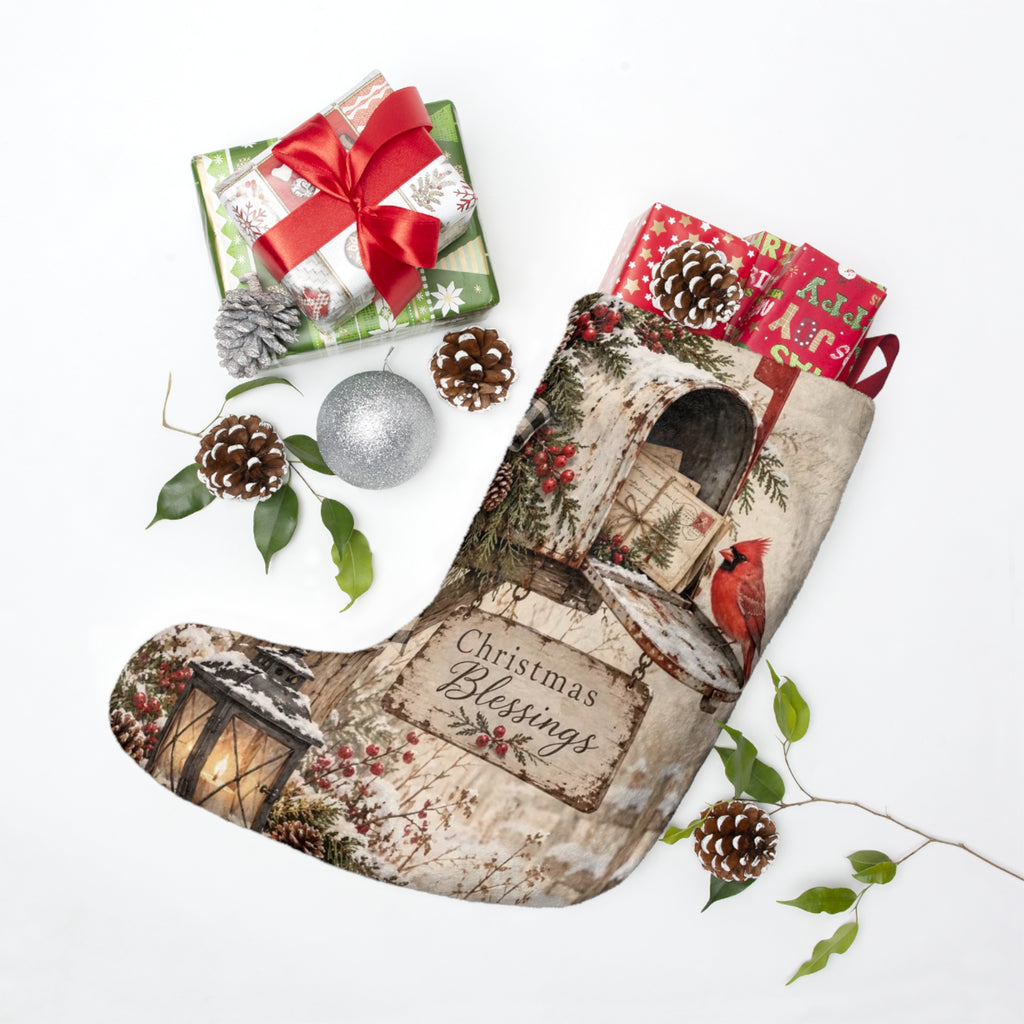 Cardinal on Mailbox Christmas Stocking | Christmas Blessings Holiday Stocking