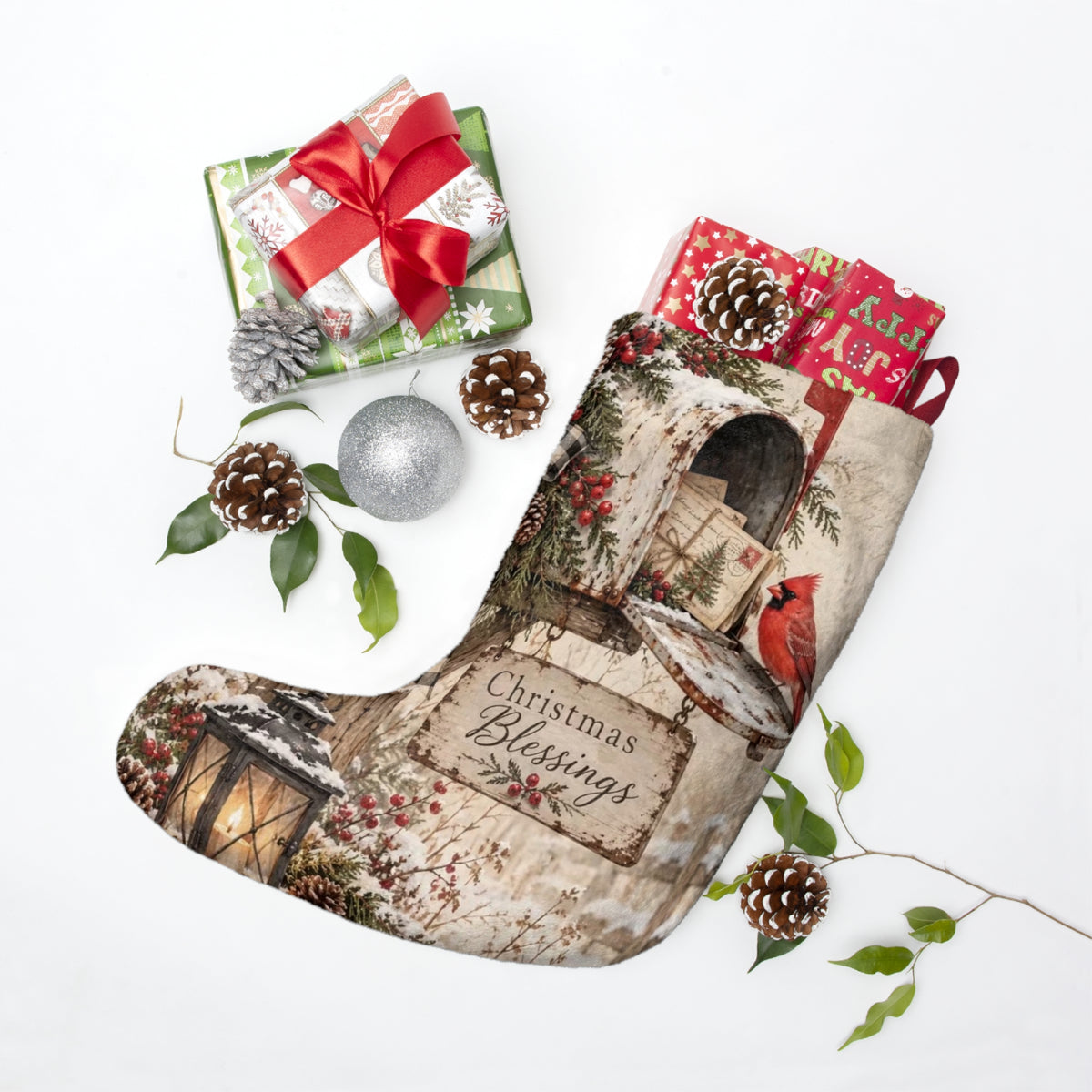 Cardinal on Mailbox Christmas Stocking | Christmas Blessings Holiday Stocking