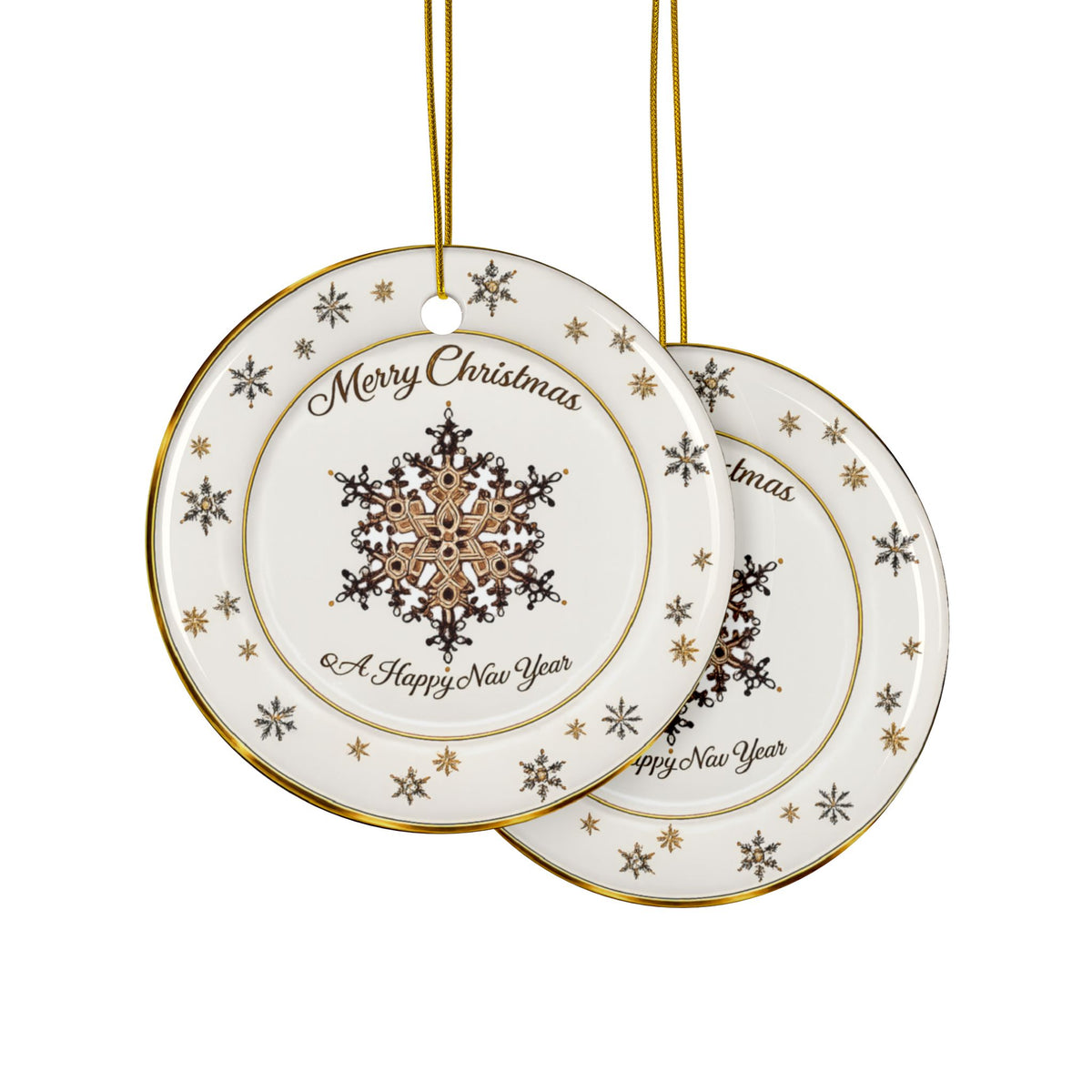 Lenox China inspired Ceramic golden snowflakes ceramic Christmas Ornaments, 2-Side Print, (1pc, 3pcs, 5pcs, 10pcs)