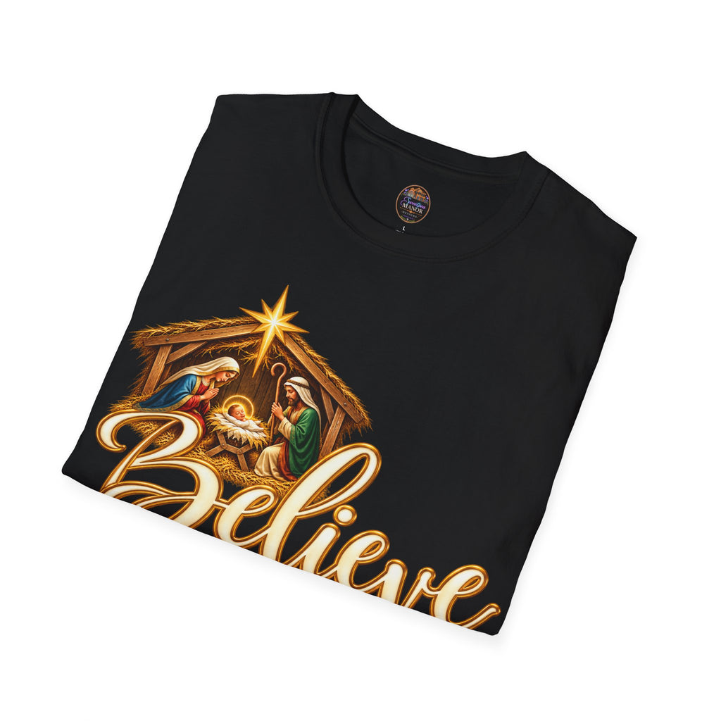 Nativity Manger Believe T-Shirt | Christmas Religious Holiday Tee