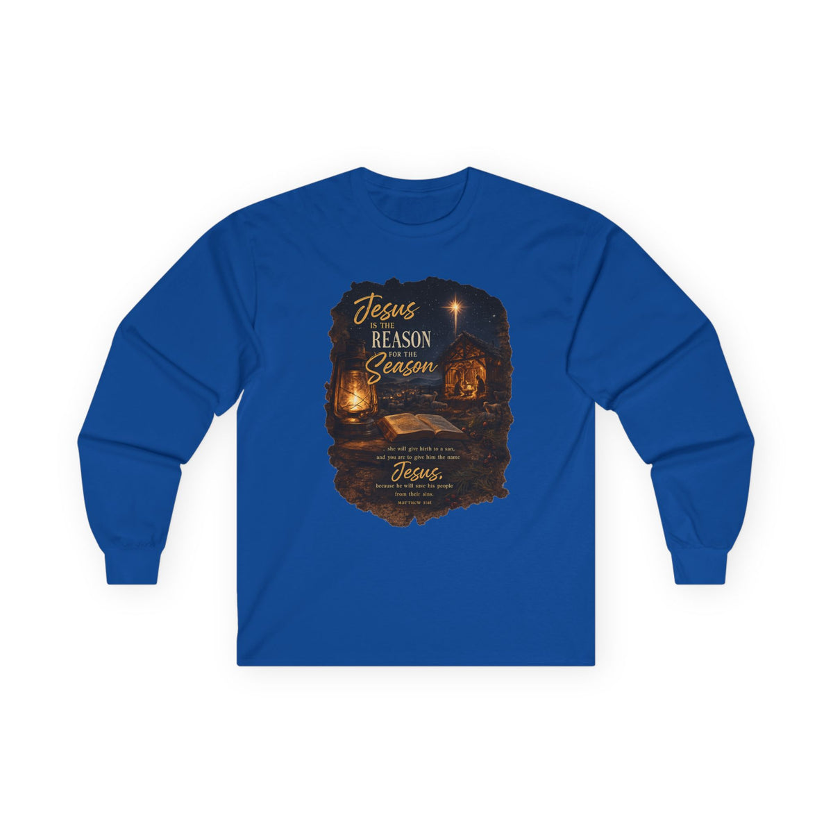 Jesus Reason Season nativity scene Long Sleeve Tee | Christian faith scripture design