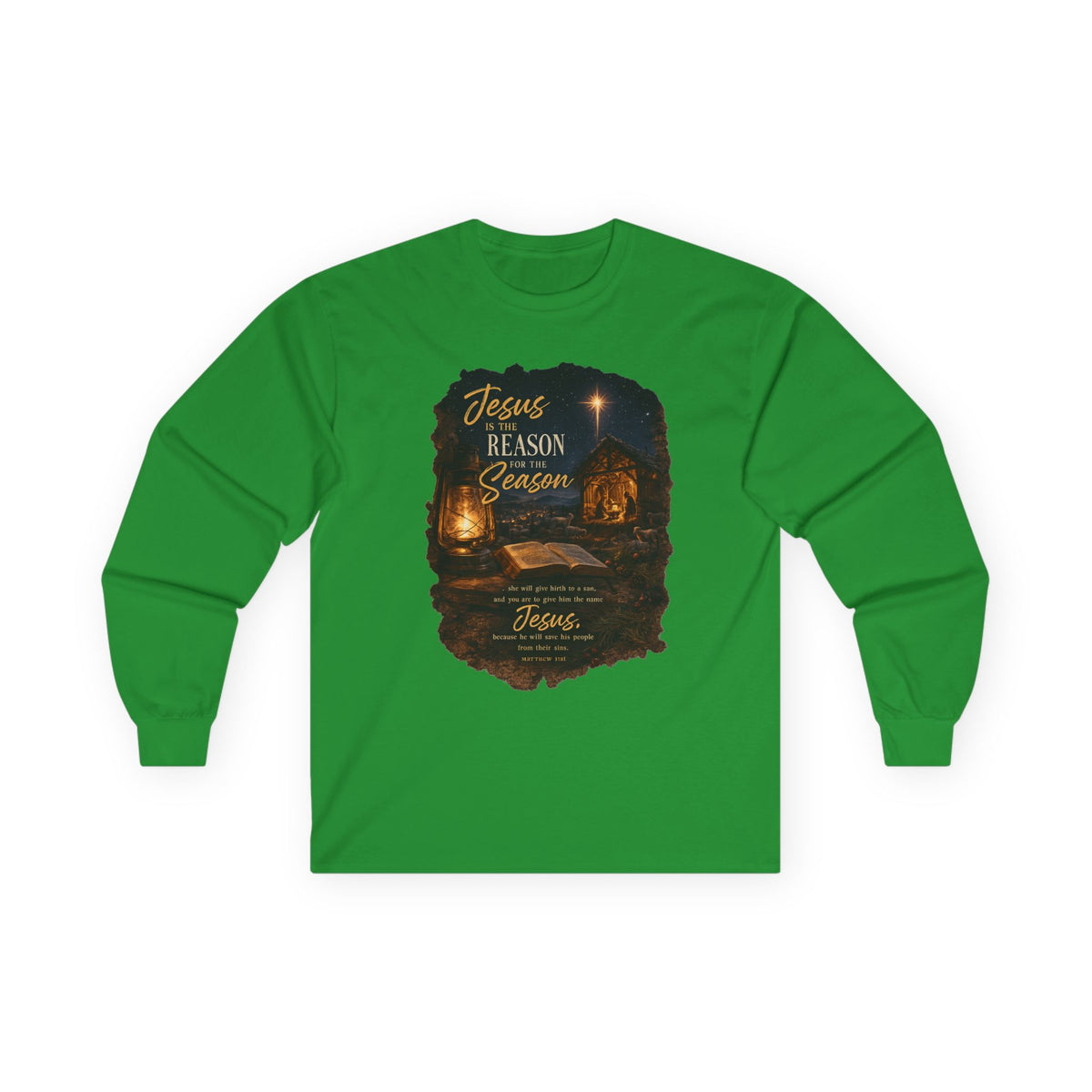 Jesus Reason Season nativity scene Long Sleeve Tee | Christian faith scripture design