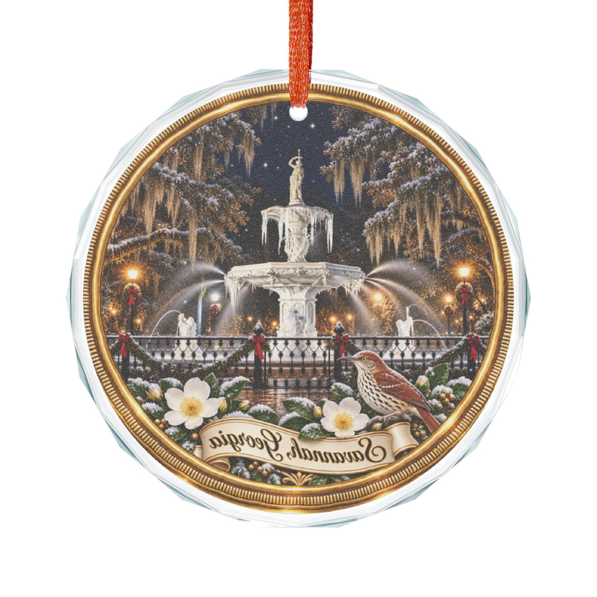 Savannah Georgia Forsyth Fountain Glass Christmas Ornament