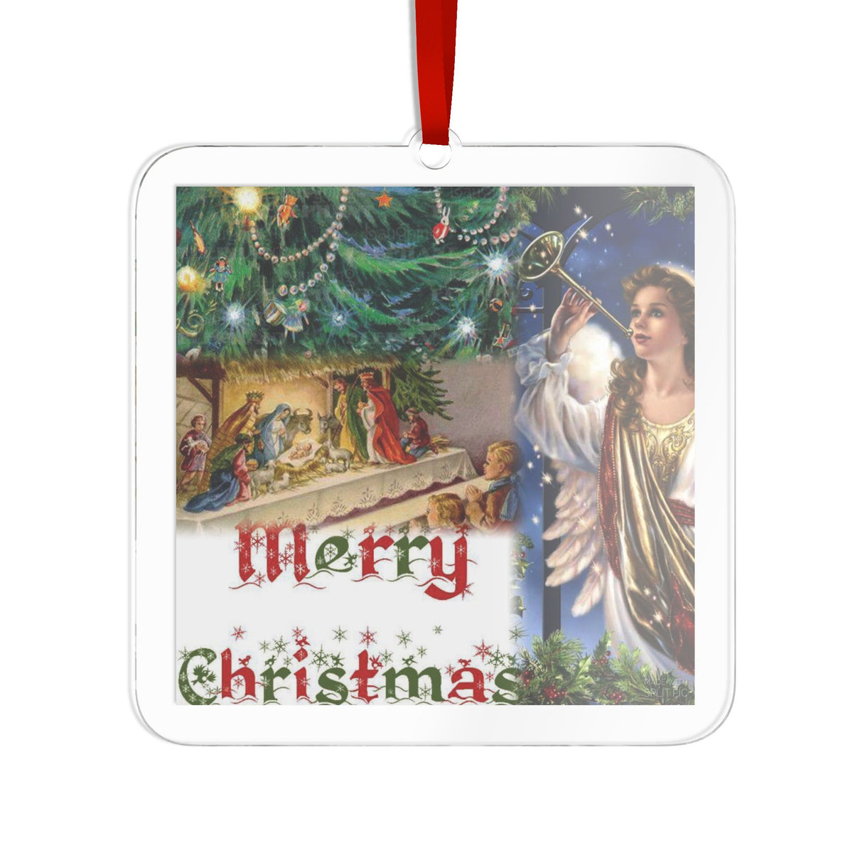 Christmas Vintage Nativity, Angel and Christmas Tree Custom Cut Acrylic Ornament