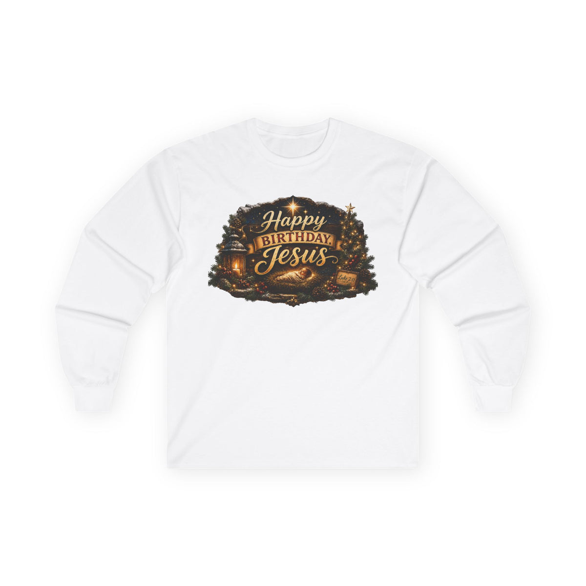 Happy Birthday Jesus Long Sleeve Tee | Nativity Christmas Religious Tee