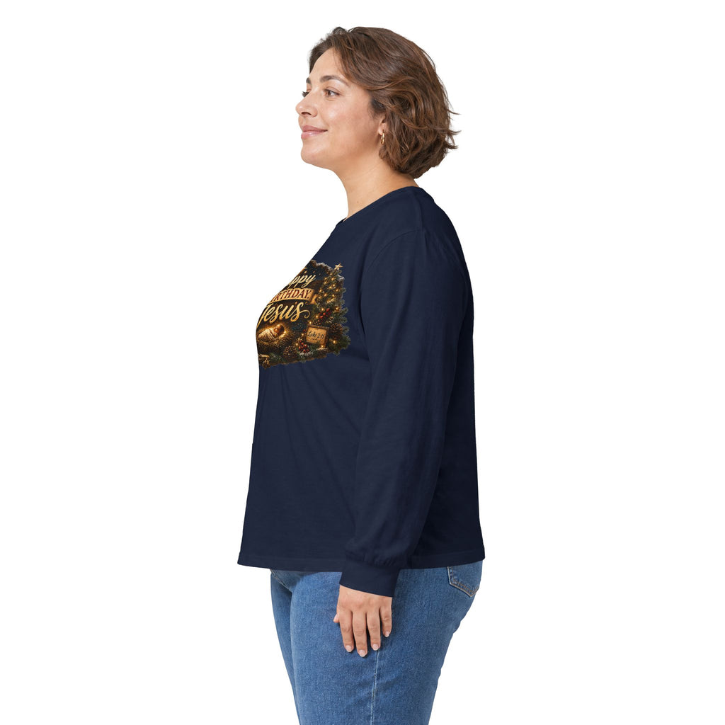 Happy Birthday Jesus Long Sleeve Tee | Nativity Christmas Religious Tee