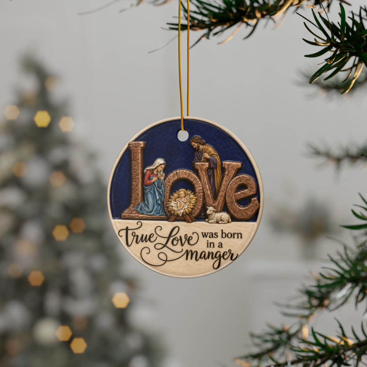 Vintage Nativity True Love was born in a Manger Christmas Ornaments, 2-Side Print, (1pc, 3pcs, 5pcs, 10pcs)