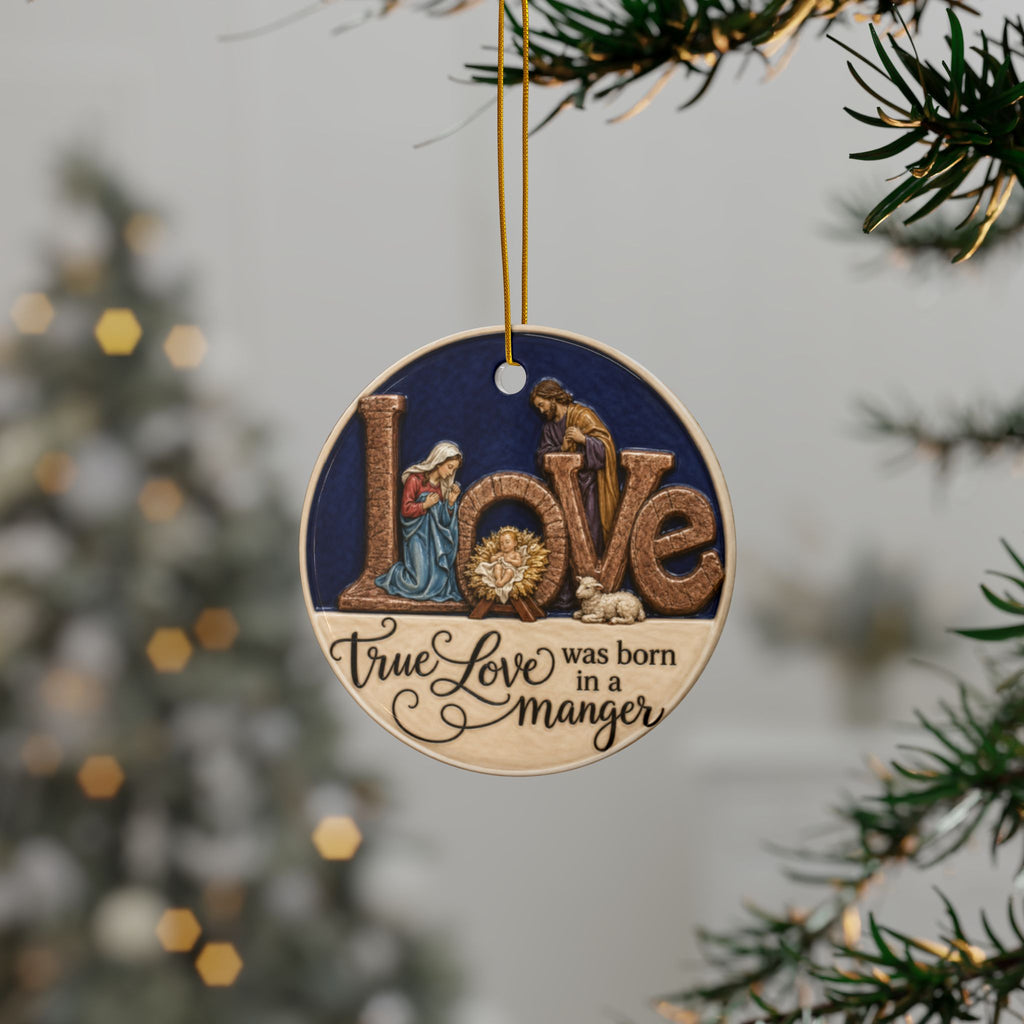 Vintage Nativity True Love was born in a Manger Christmas Ornaments, 2-Side Print, (1pc, 3pcs, 5pcs, 10pcs)