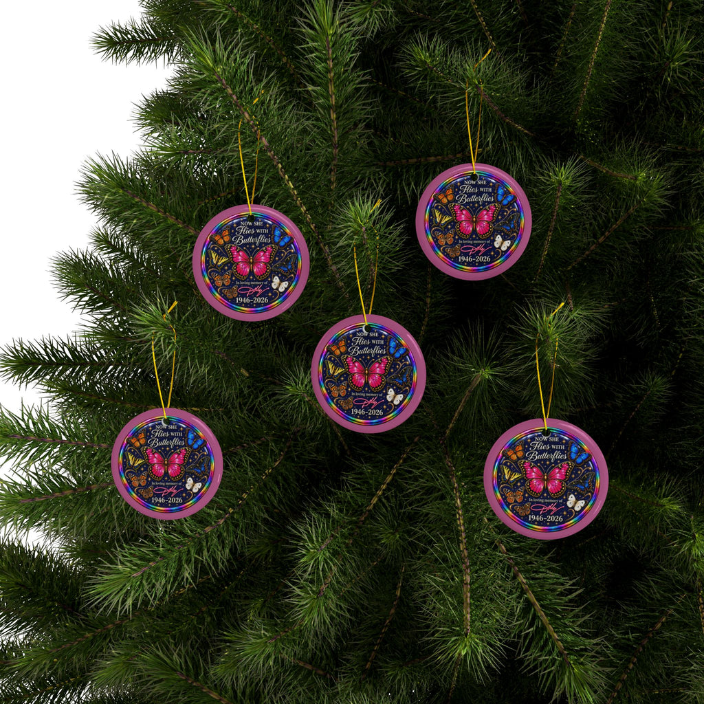 Dolly Remembrance Now She Flies With Butterflies Ceramic Christmas Ornament | Sets of 1, 3, 5 or 10