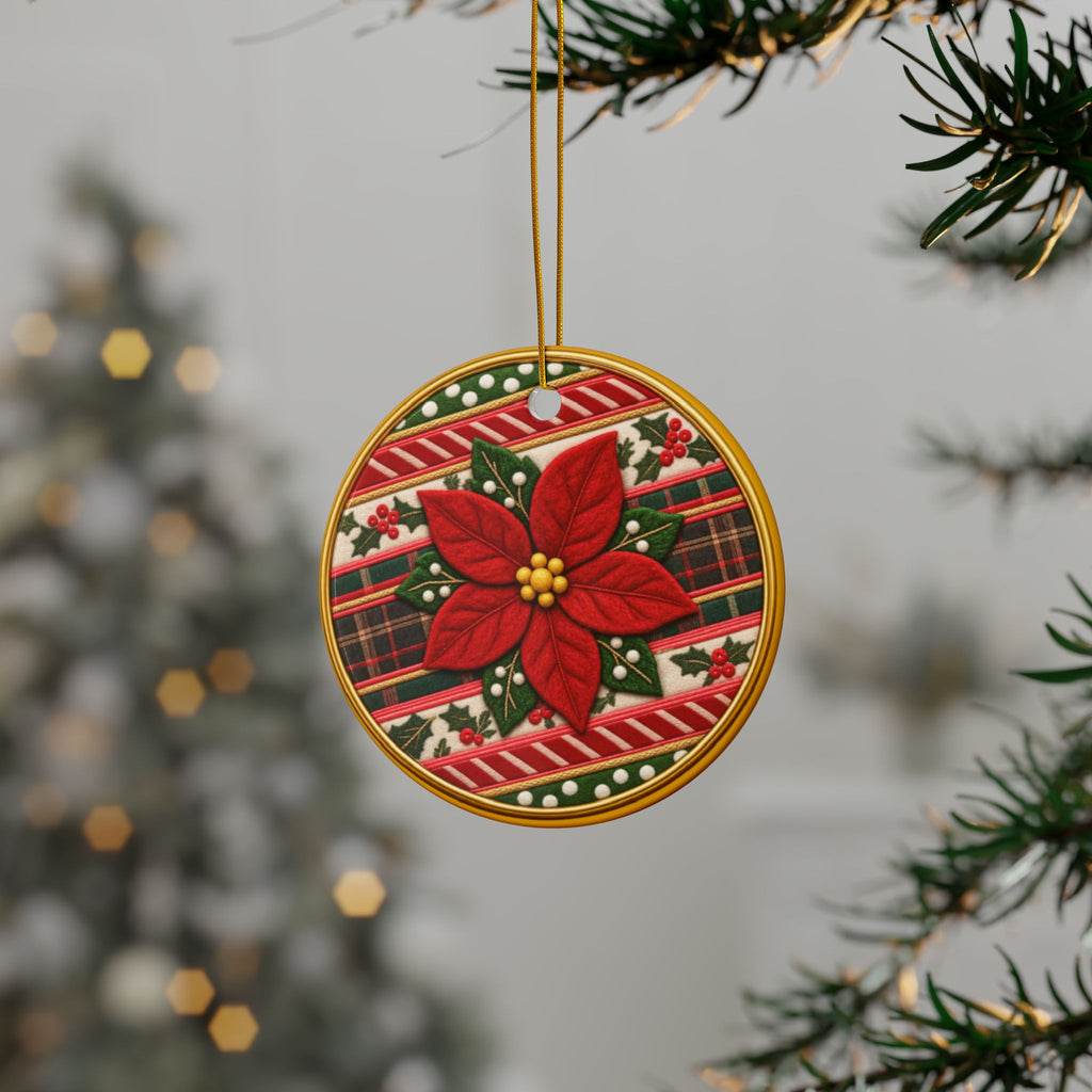 Poinsettia Plaid Ceramic Ornament — Double-Sided Christmas Tree Decoration