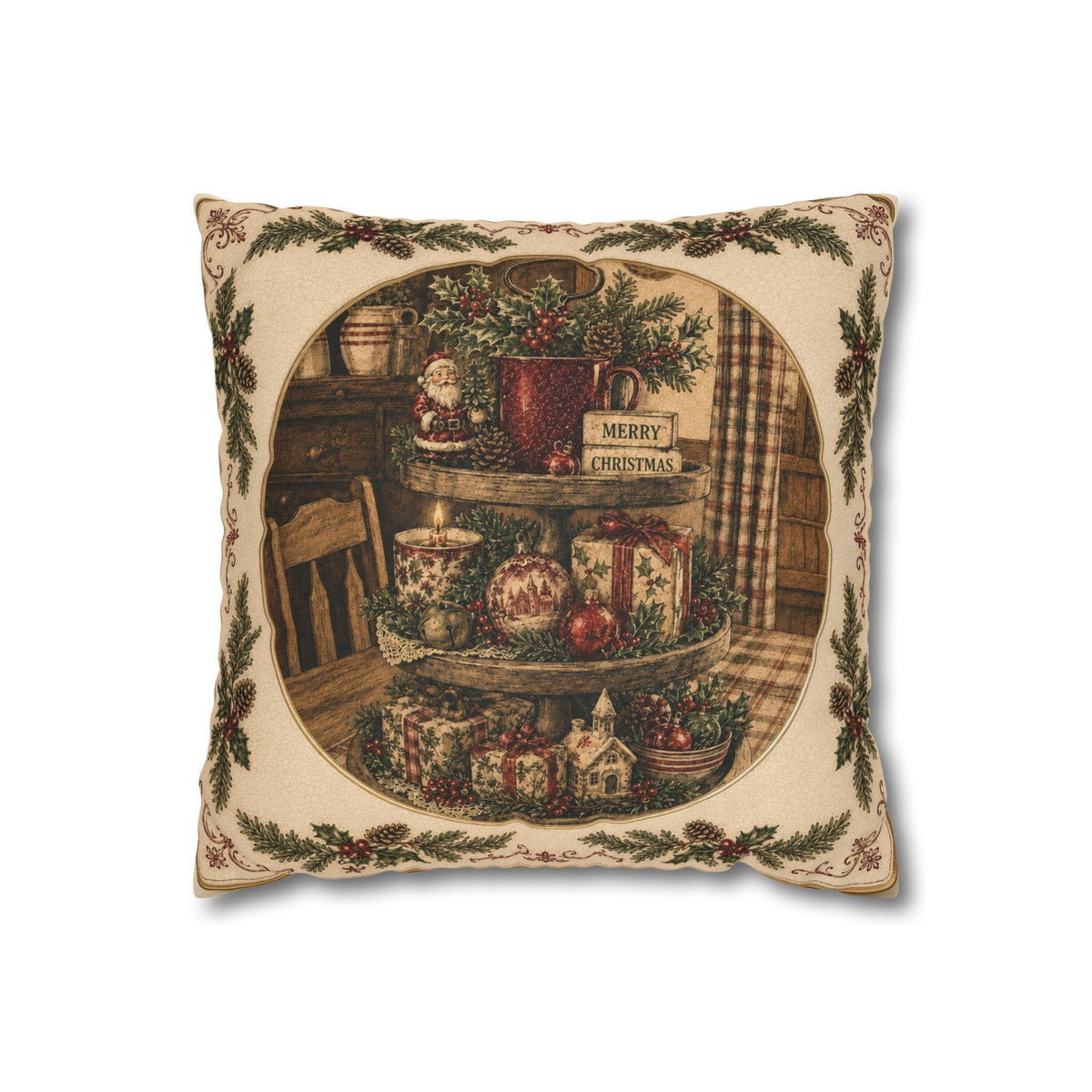 Christmas Country Kitchen Pillowcase — "Merry Christmas" Decorative Throw Pillow Cover
