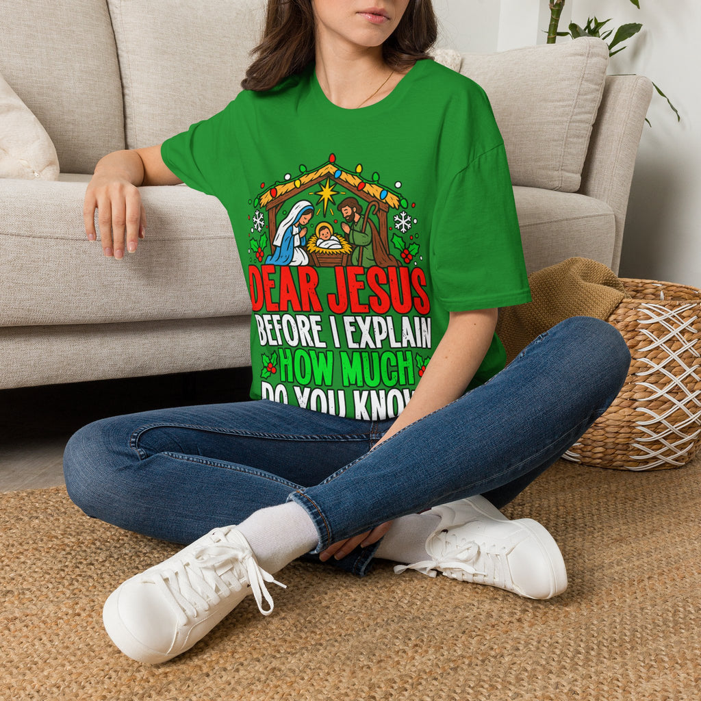Dear Jesus Nativity Illustration T-Shirt | Humorous Religious Christmas Tee