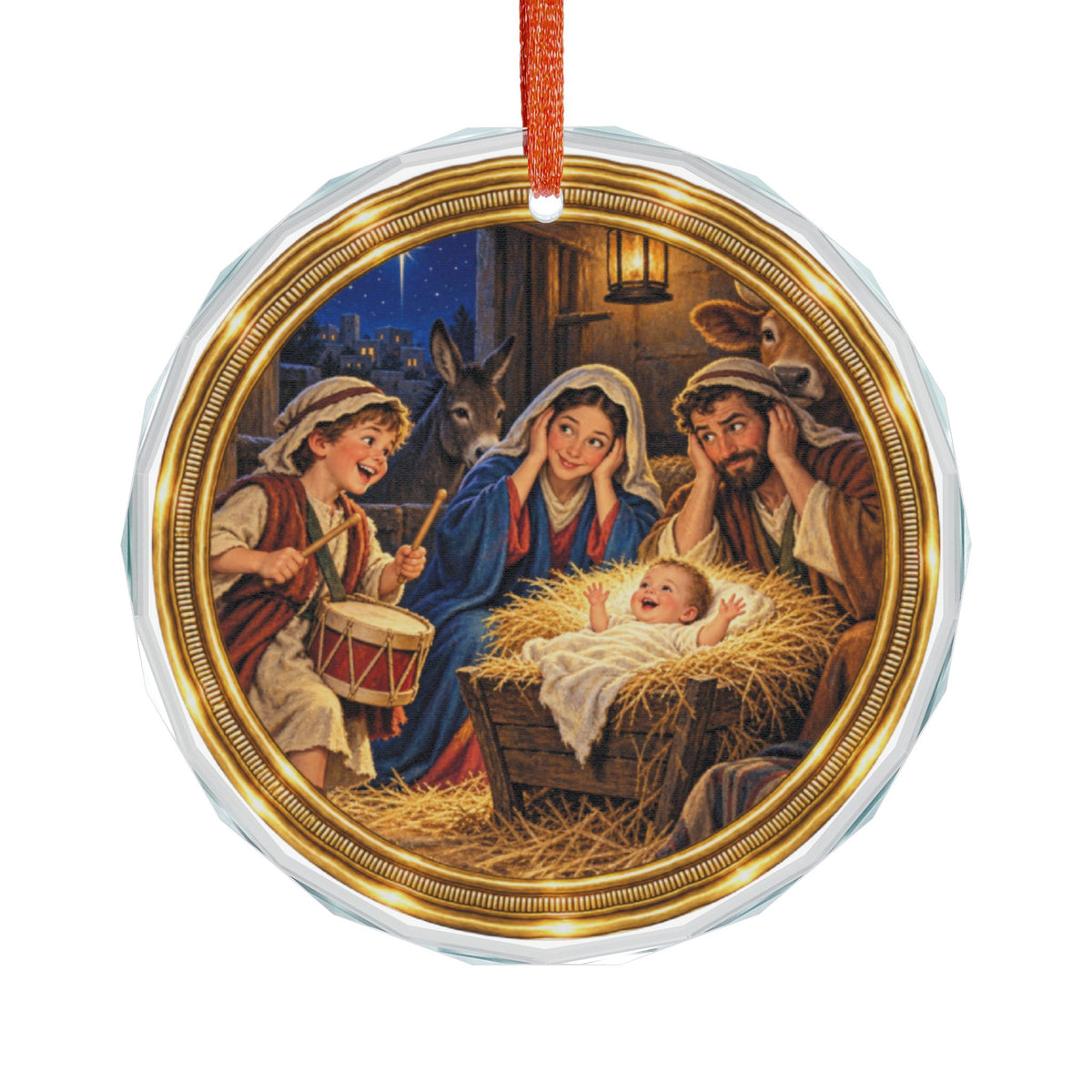 Little Drummer Boy and Holy Family Glass Christmas Ornament, Single