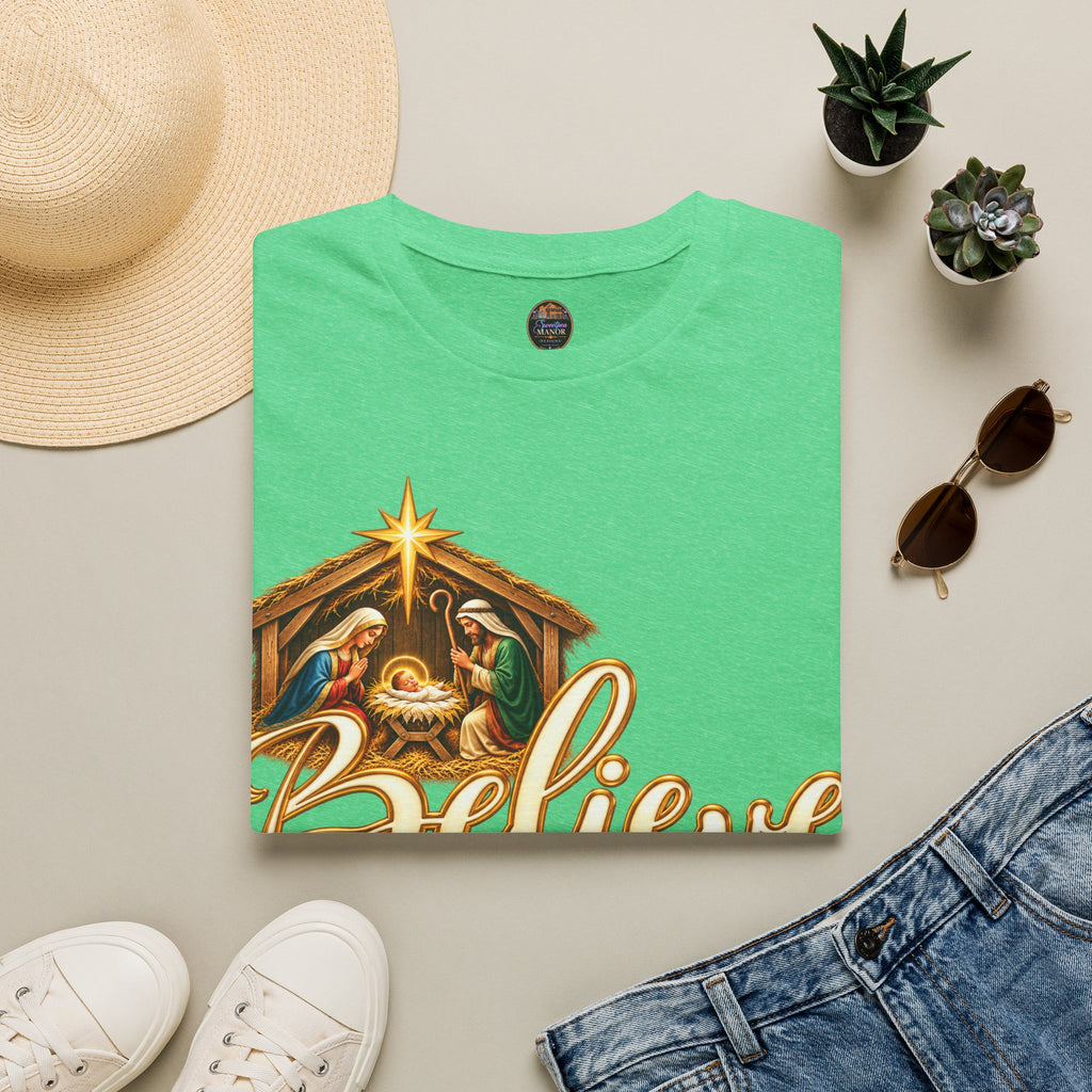 Nativity Manger Believe T-Shirt | Christmas Religious Holiday Tee
