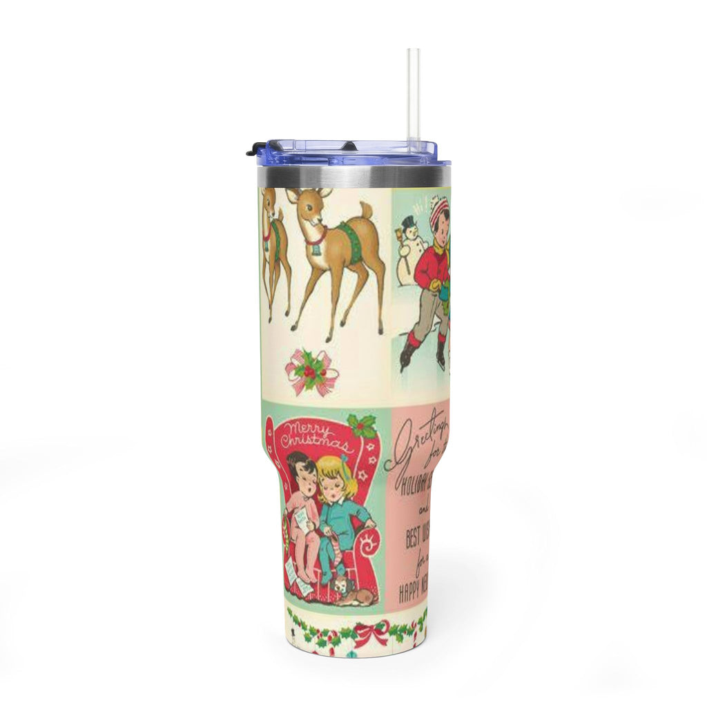 Vintage Christmas Card Tumbler 40oz | Retro Reindeer, Carolers, Snowman